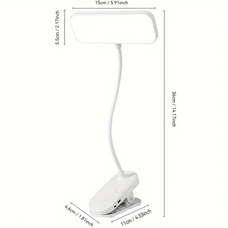 Rechargeable LED clip-on desk lamp attached to a study desk for reading and office work.