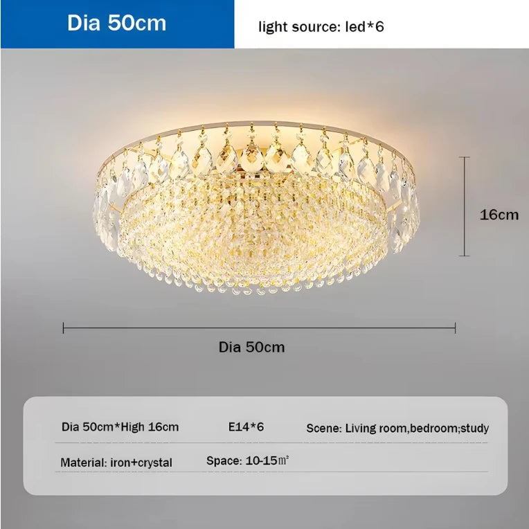 Luxury gold crystal LED chandelier hanging in an elegant modern living room with premium interior décor.