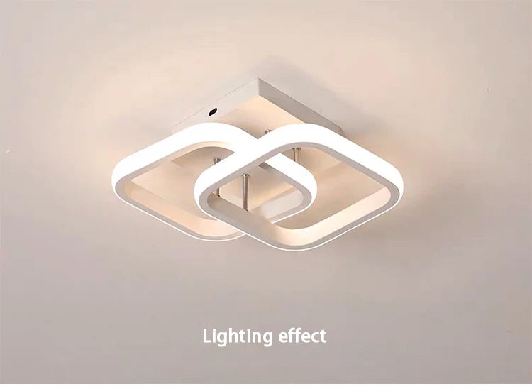 Modern 2 ring LED ceiling light installed in a stylish hallway with contemporary interior décor.