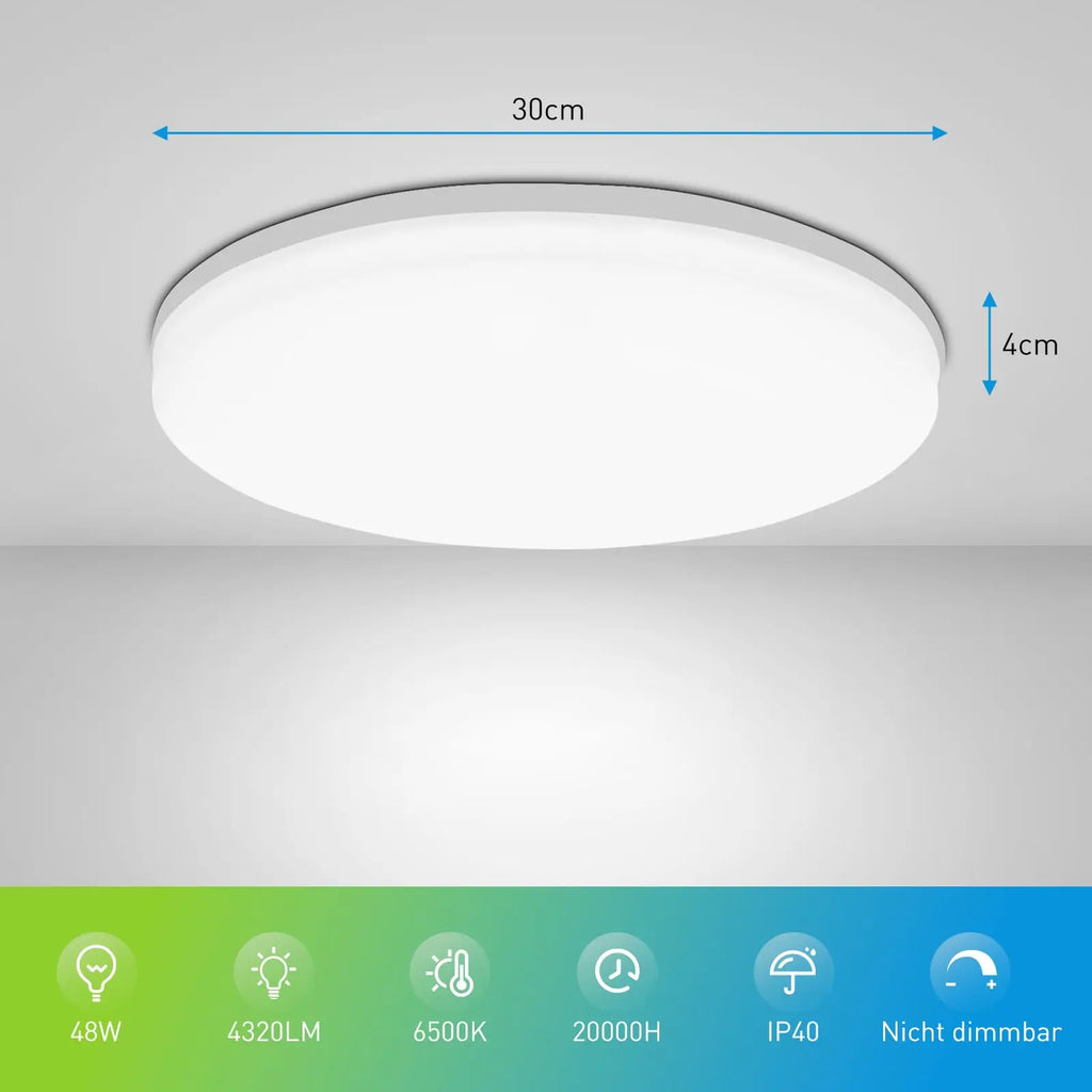 Modern round LED ceiling light installed in a contemporary living room with bright energy-efficient illumination.