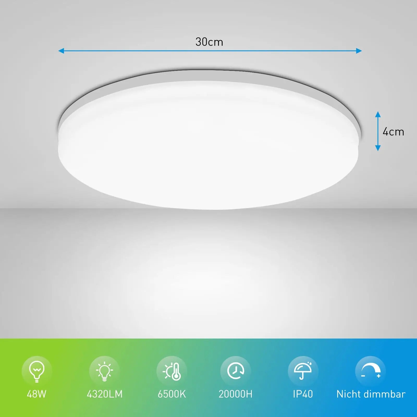 Modern round LED ceiling light installed in a contemporary living room with bright energy-efficient illumination.