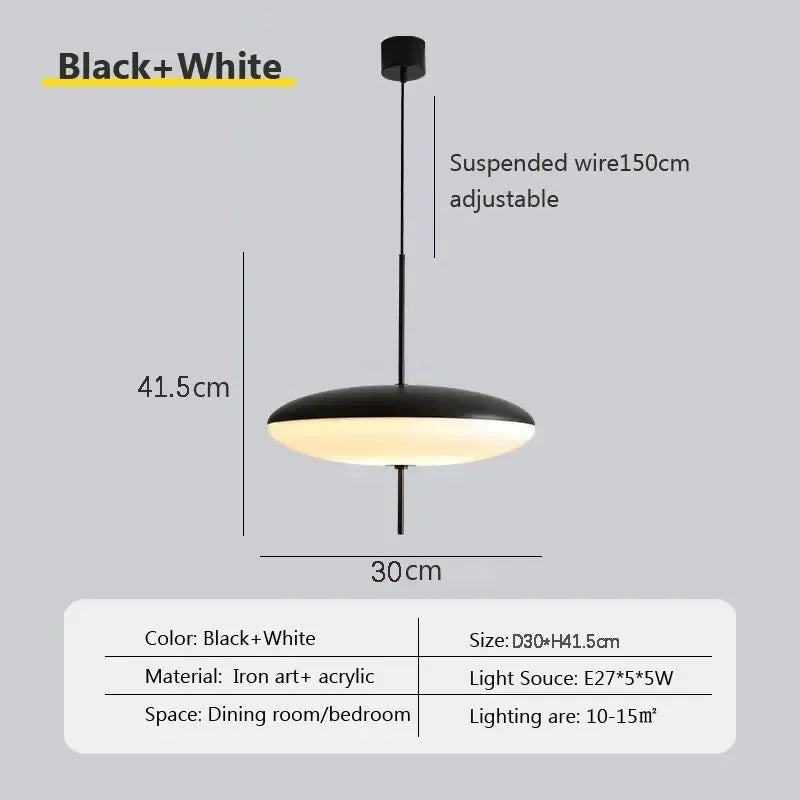 Nordic flying saucer LED pendant light hanging in a modern living room with minimalist décor.