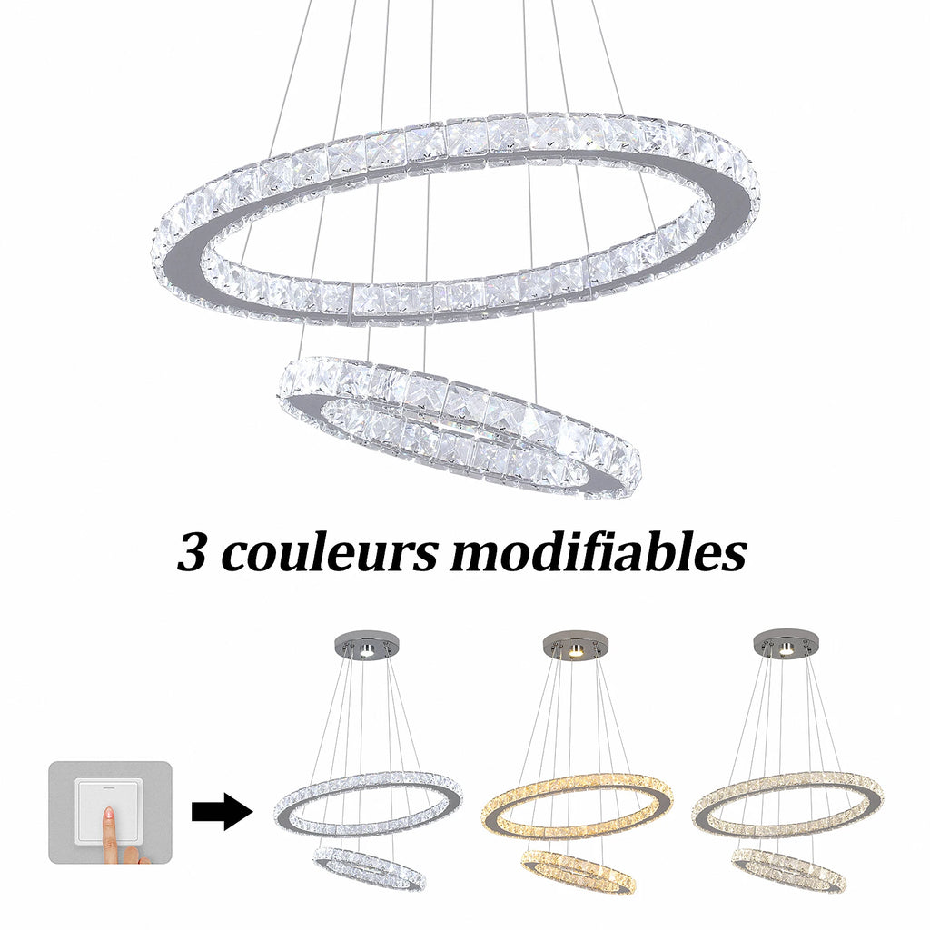 Luxury crystal ring LED chandelier suspended above a modern dining table in an elegant contemporary home.