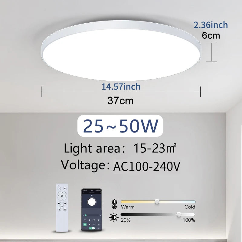 Smart dimmable LED ceiling light with remote control installed in a modern bedroom.