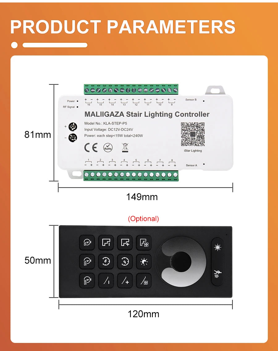 LED stair lighting kit controller with remote control and specifications displayed on the product parameters chart.