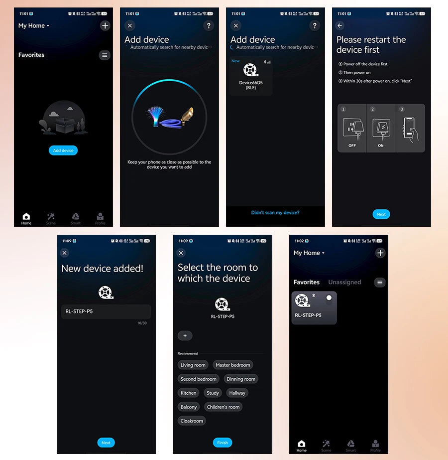 LED stair lighting kit app interface showing device addition, favorites, and room selection.
