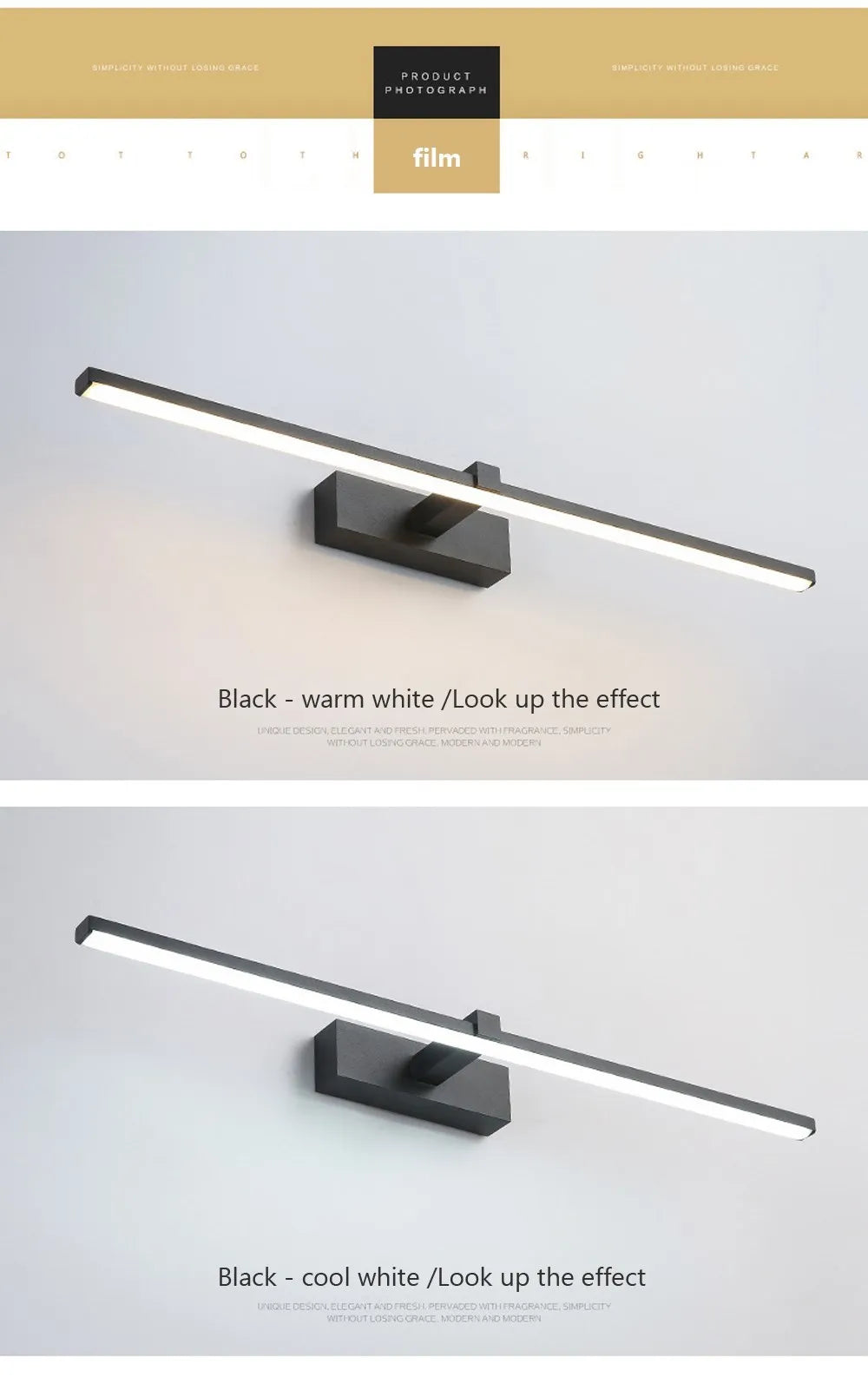 Modern waterproof LED mirror light mounted above a bathroom vanity mirror with bright, even illumination.