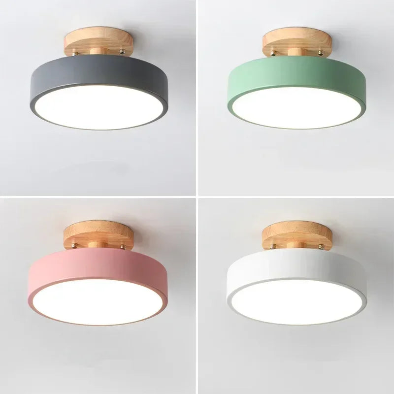 Nordic wood round LED ceiling light installed in a modern hallway with Scandinavian-inspired interior décor.