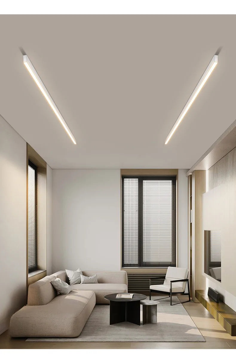 Nordic modern LED ceiling light installed in a contemporary living room with minimalist interior décor.