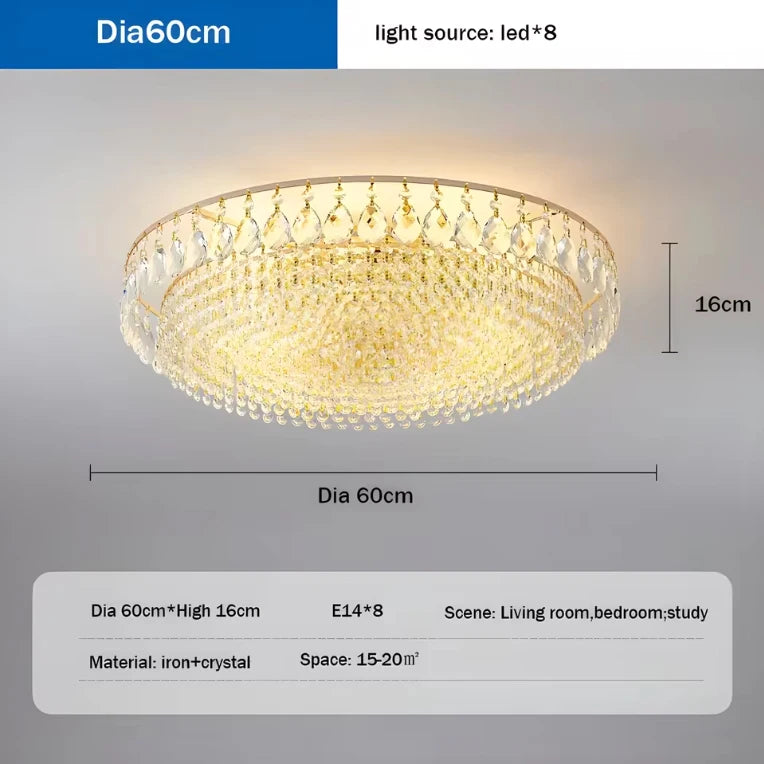Luxury gold crystal LED chandelier hanging in an elegant modern living room with premium interior décor.