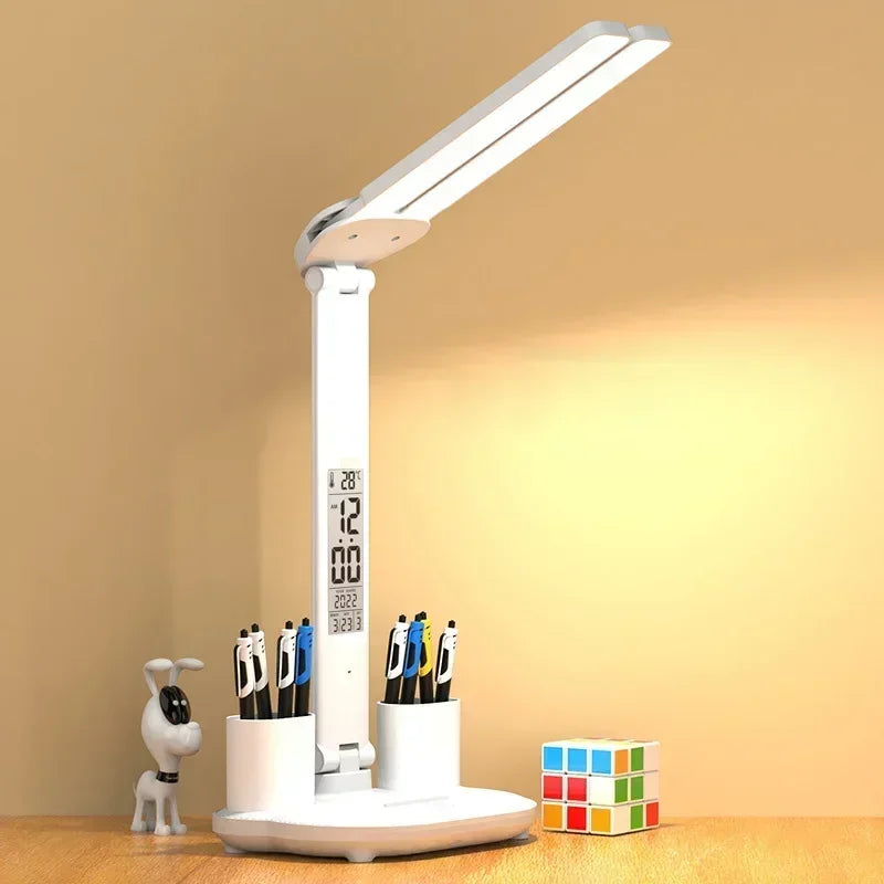 LED Desk Lamp with Clock, Calendar & Touch Dimmable Light USB