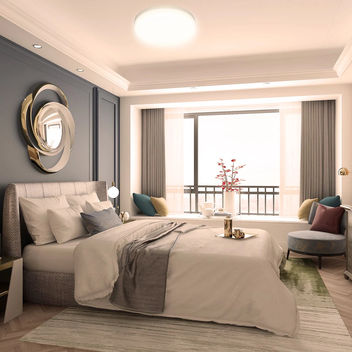 Modern Round LED Ceiling Light illuminating a stylish bedroom with elegant decor and natural light.