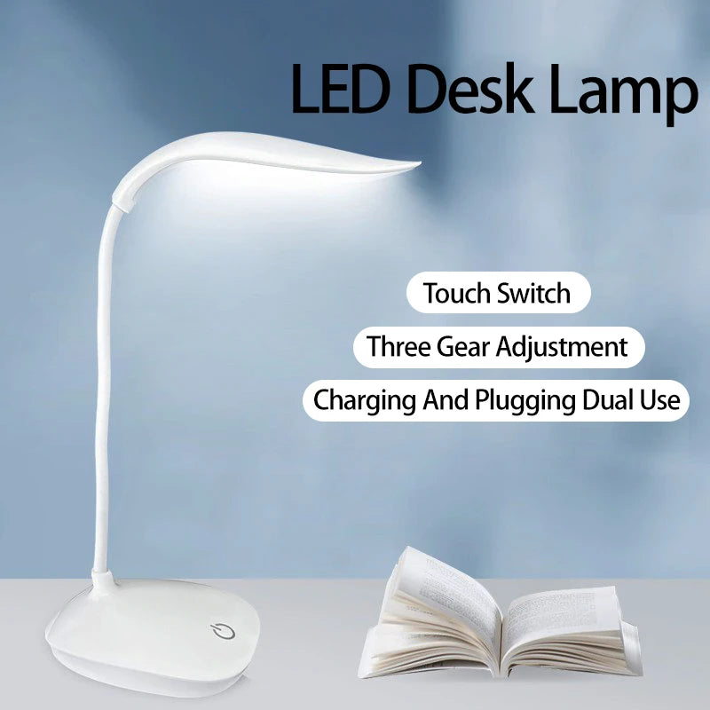 Modern LED eye care desk lamp with USB charging and touch dimming on a study desk.