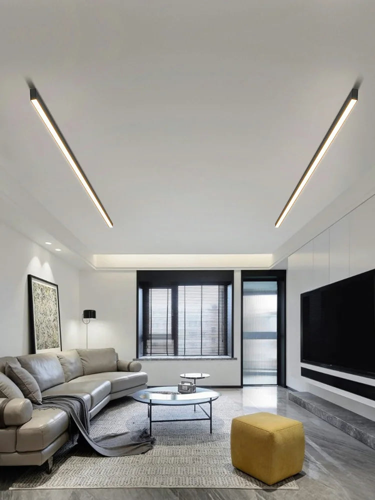 Nordic modern LED ceiling light installed in a contemporary living room with minimalist interior décor.