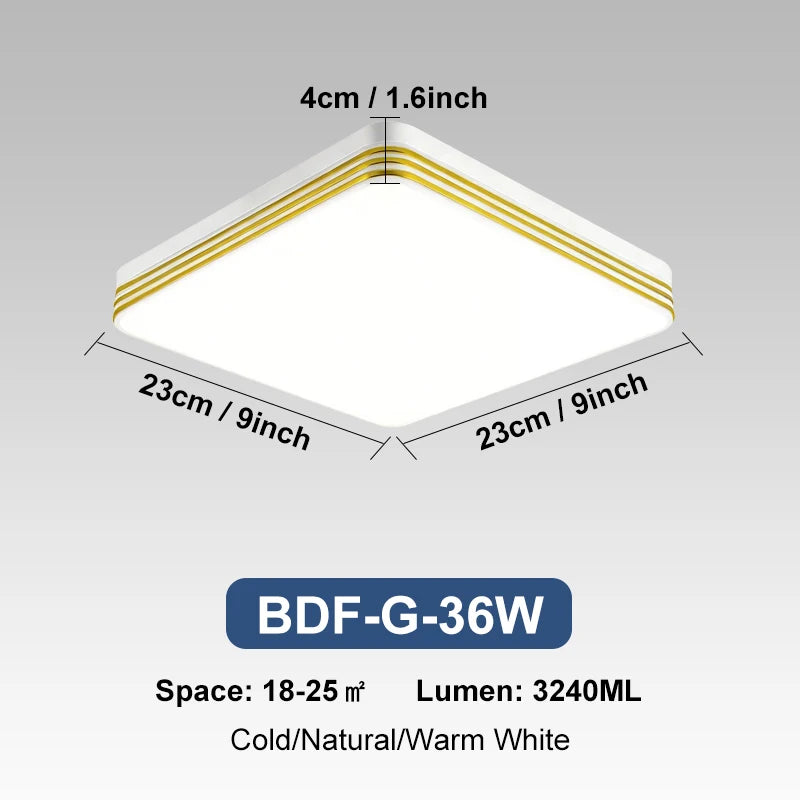 Modern square LED ceiling light installed in a contemporary living room with bright energy-efficient lighting.
