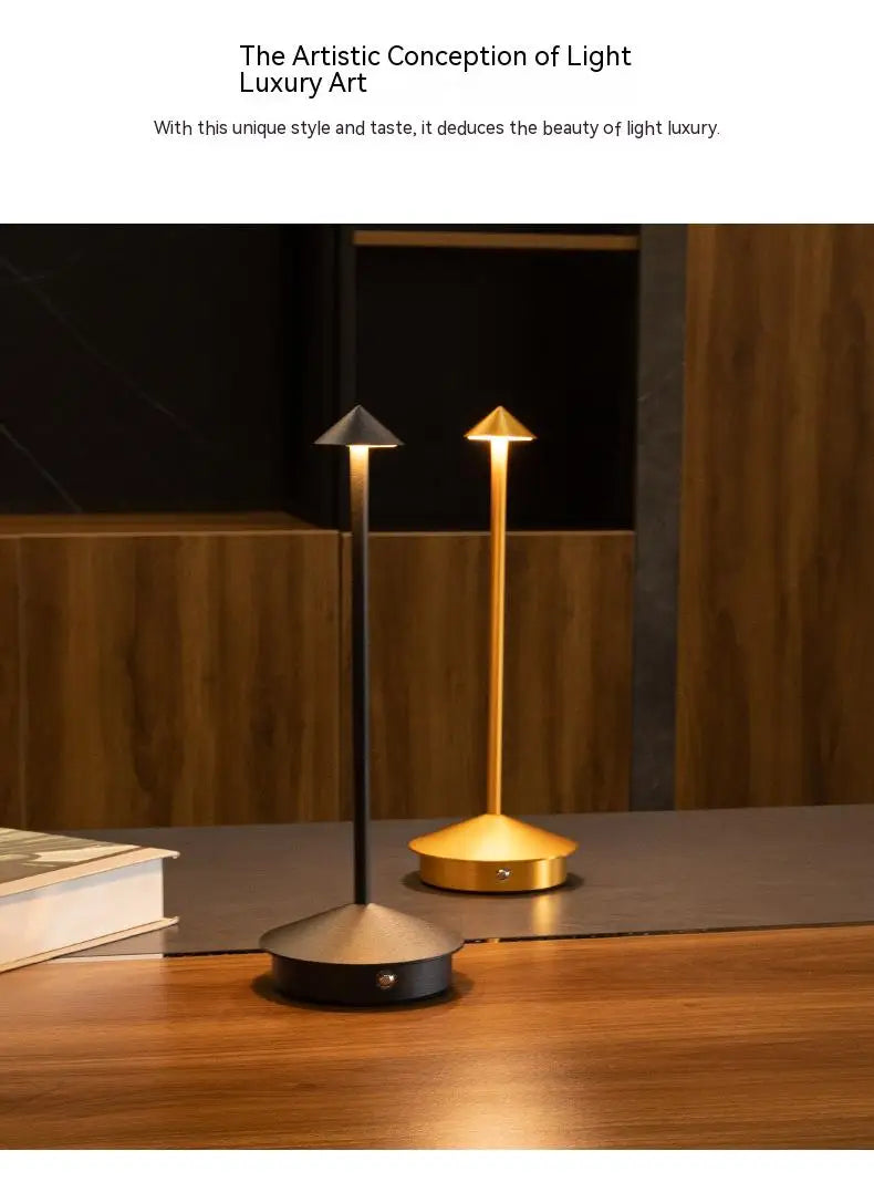 Rechargeable touch LED table lamp placed on a modern dining table in a stylish café-inspired interior.