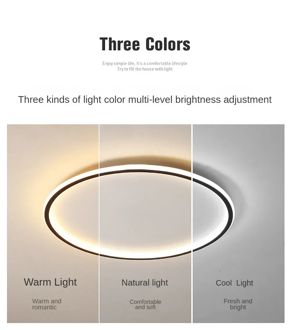 Nordic minimalist LED ceiling light with remote control installed in a modern living room.