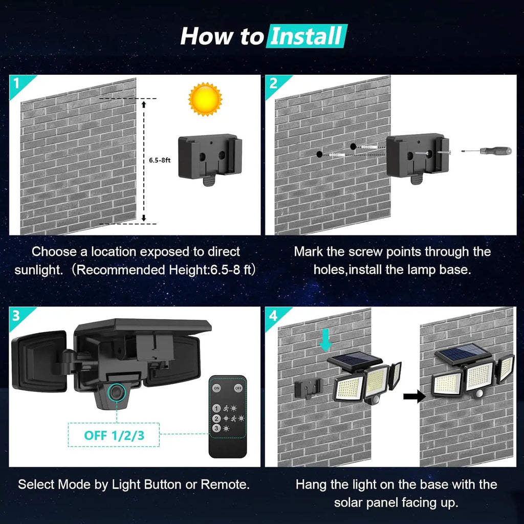Solar Motion Sensor Security Light Outdoor Waterproof 3 Head LED