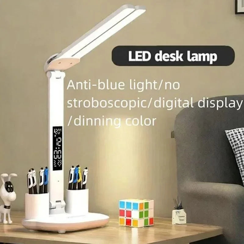 LED Desk Lamp with Clock, Calendar & Touch Dimmable Light USB