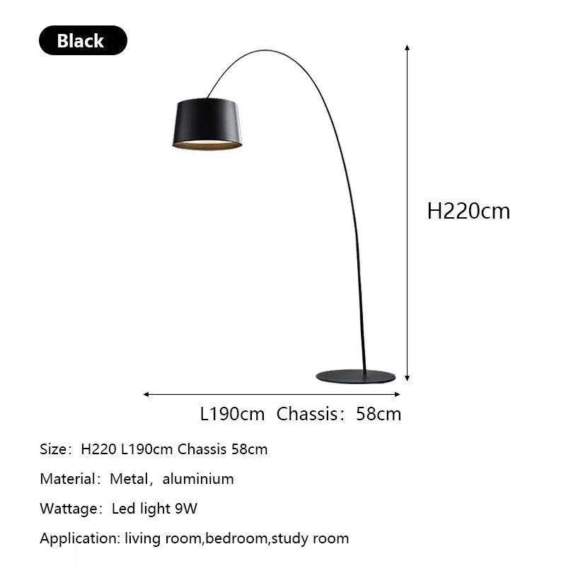 Nordic minimalist arc floor lamp beside a modern sofa in a Scandinavian-inspired living room.