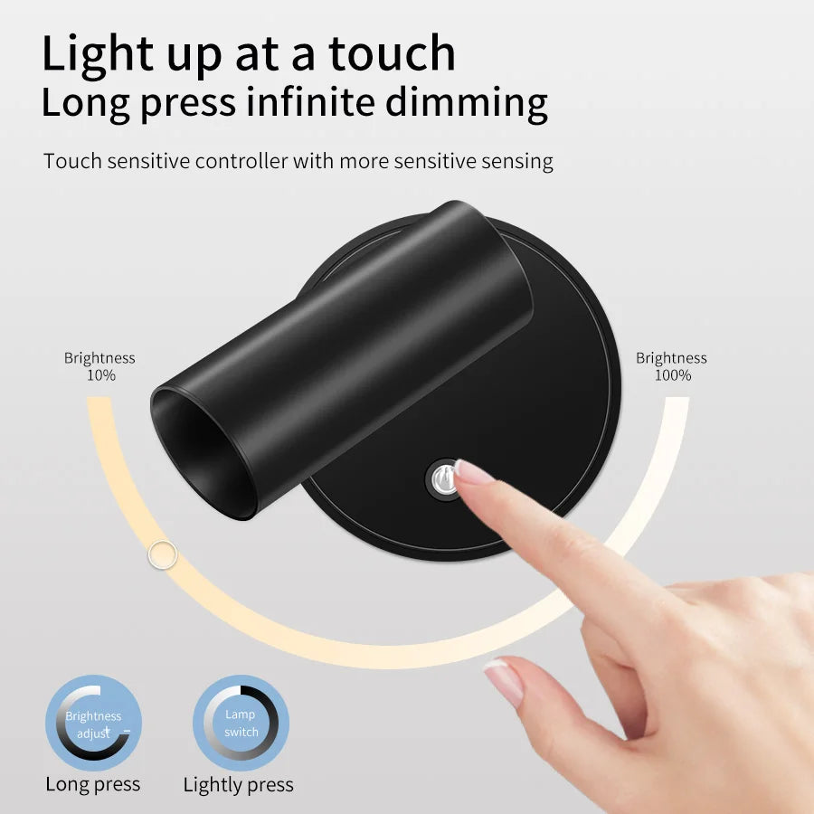 Magnetic rechargeable LED wall light mounted beside a bed with touch control and adjustable brightness.