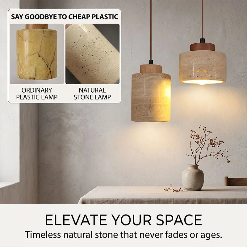 Wabi-Sabi Japanese pendant light with a natural stone-inspired shade hanging beside a modern bed.