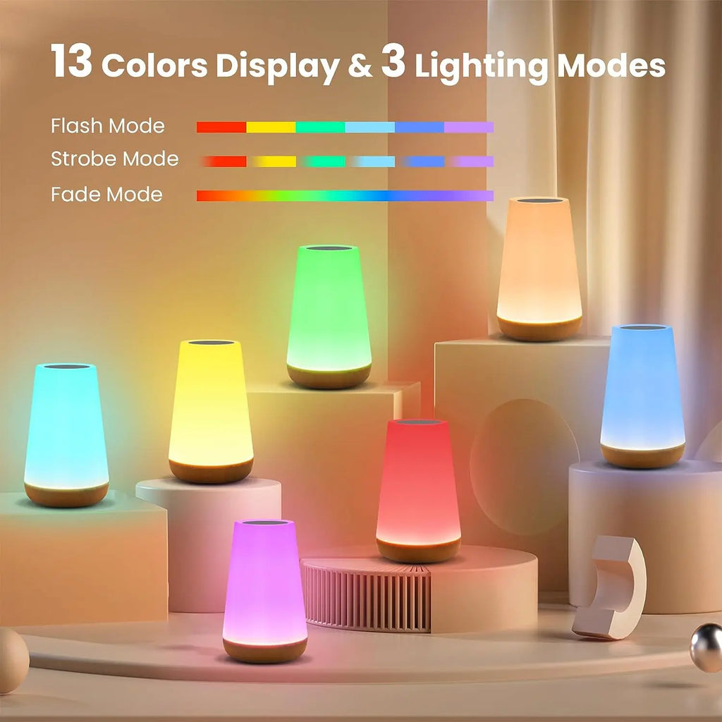 Rechargeable RGB bedside table lamp with touch control and remote displaying multiple colour lighting modes.