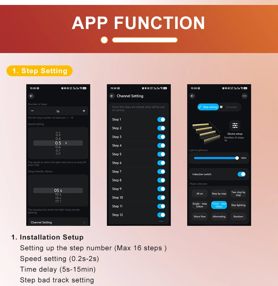 LED stair lighting kit app function showing step and installation settings on smartphone screens.
