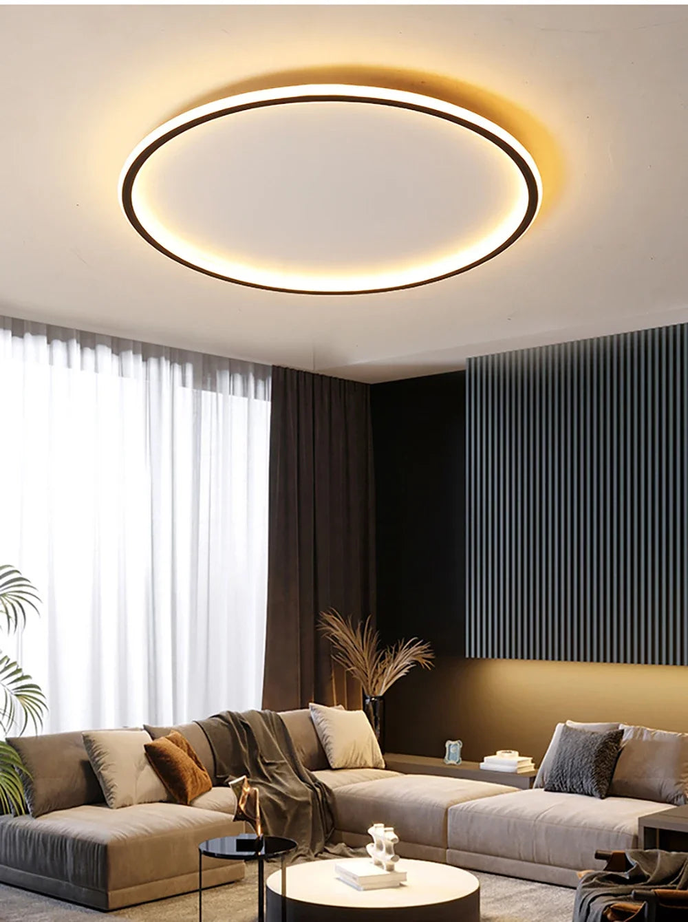 Nordic Minimalist LED Ceiling Light illuminating a modern living room with stylish decor.