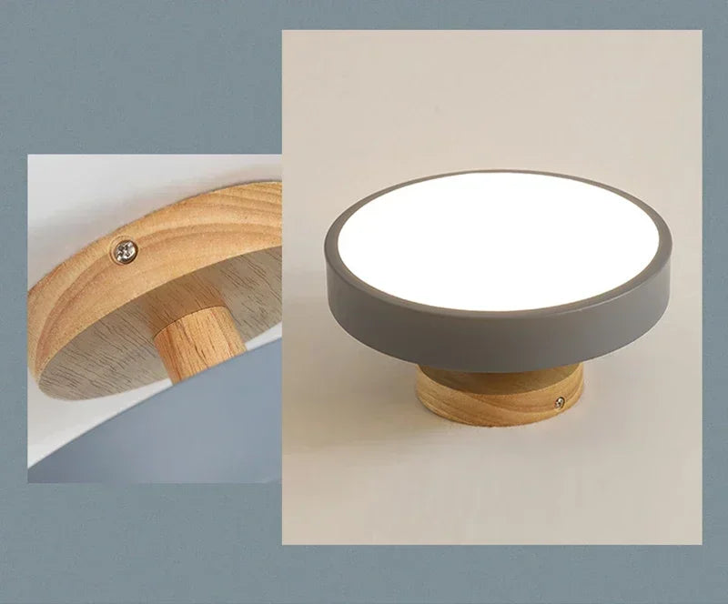 Nordic wood round LED ceiling light installed in a modern hallway with Scandinavian-inspired interior décor.