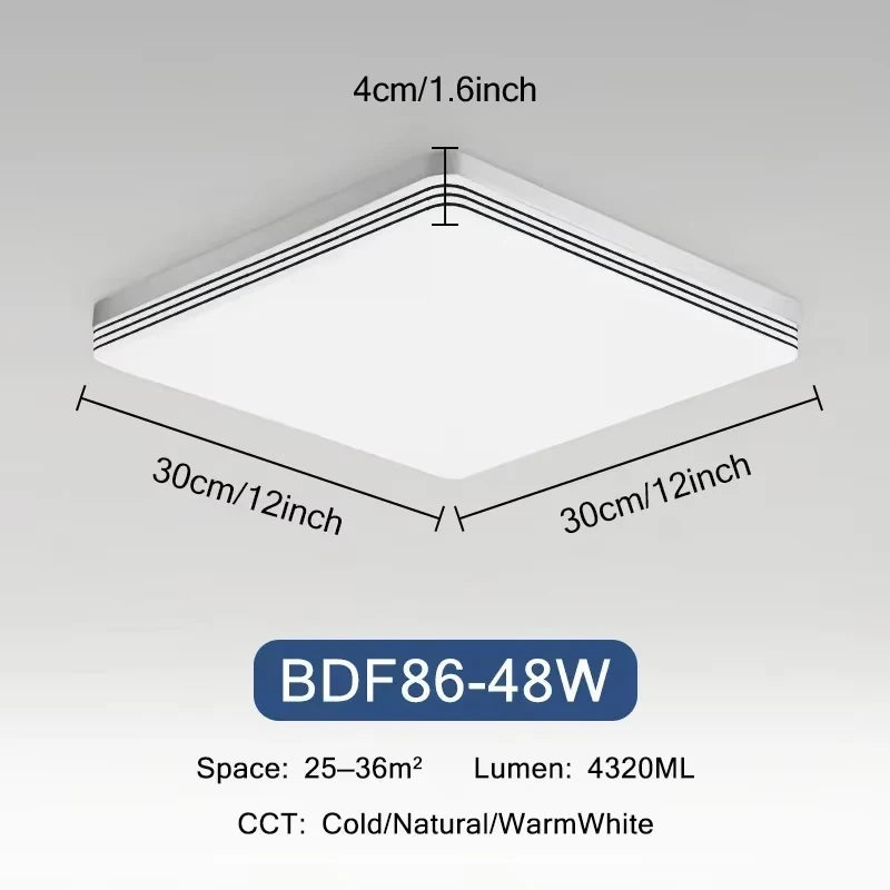 Modern Square LED Ceiling Light design with dimensions and specifications for bedroom, kitchen, and living room applications.