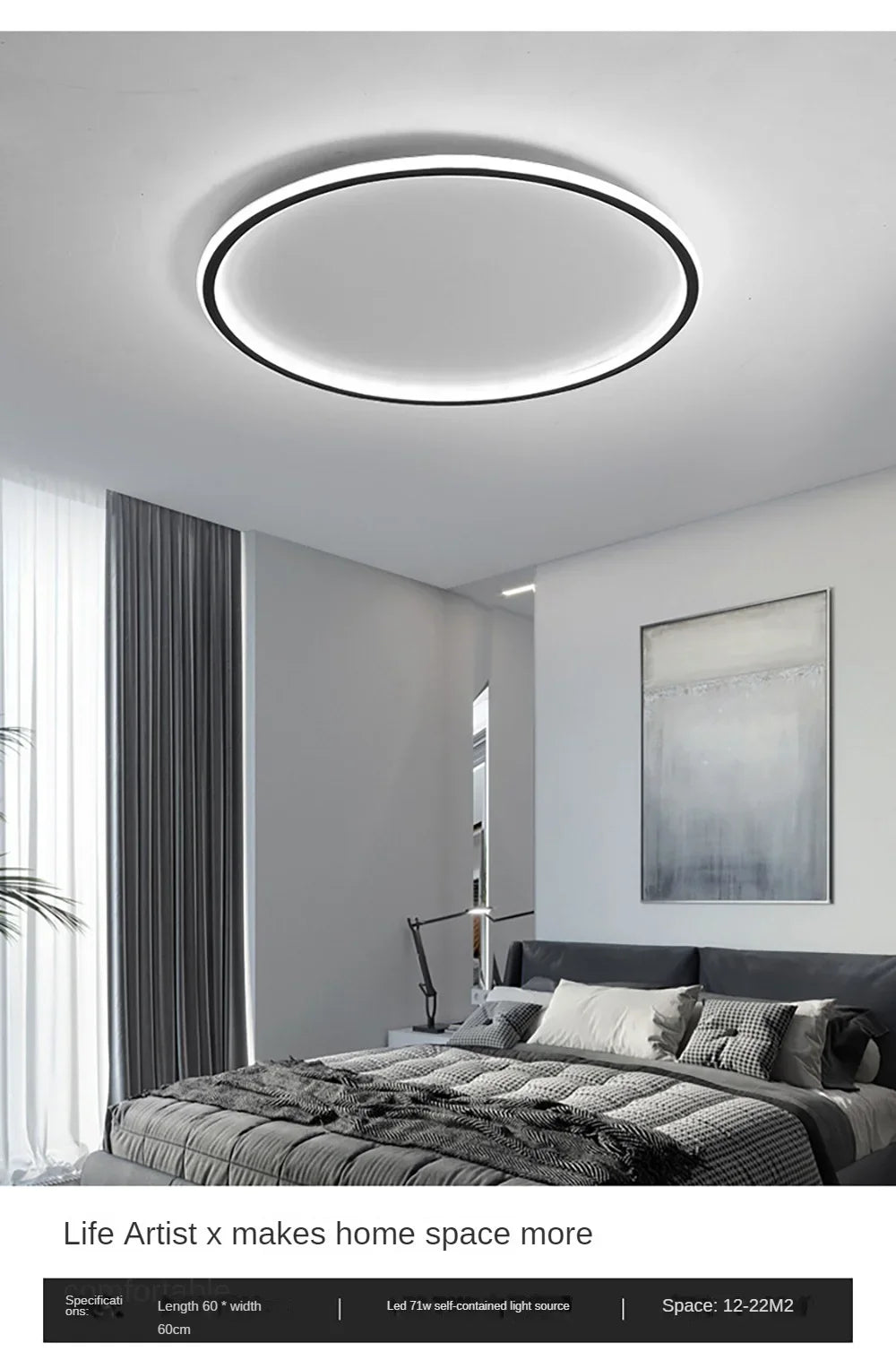 Nordic minimalist LED ceiling light with remote control installed in a modern living room.