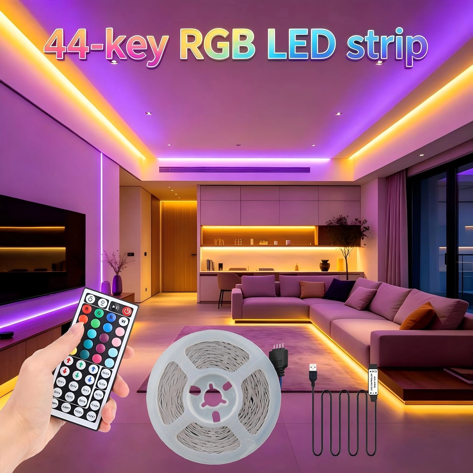 A 44-key USB-powered RGB light strip is easy to install and suitable for various indoor decorative scenarios.