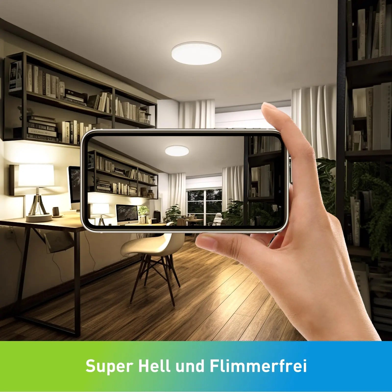 Modern round LED ceiling light installed in a contemporary living room with bright energy-efficient illumination.