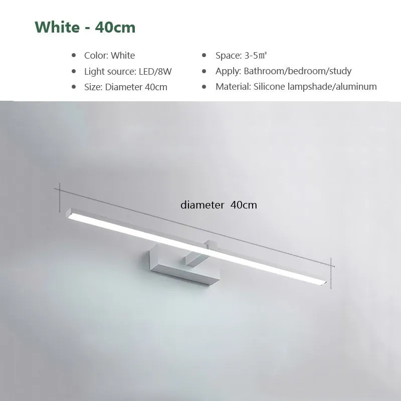 Modern waterproof LED mirror light mounted above a bathroom vanity mirror with bright, even illumination.