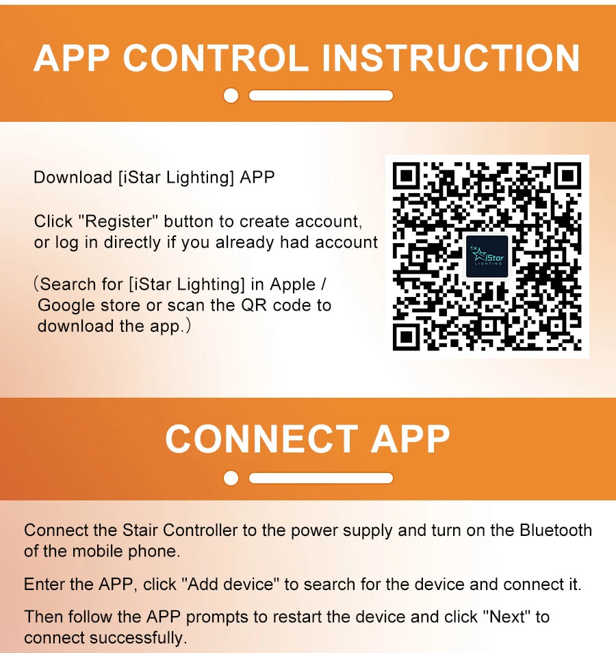 APP control instructions for LED stair lighting kit; includes download steps and Bluetooth connection guidance.