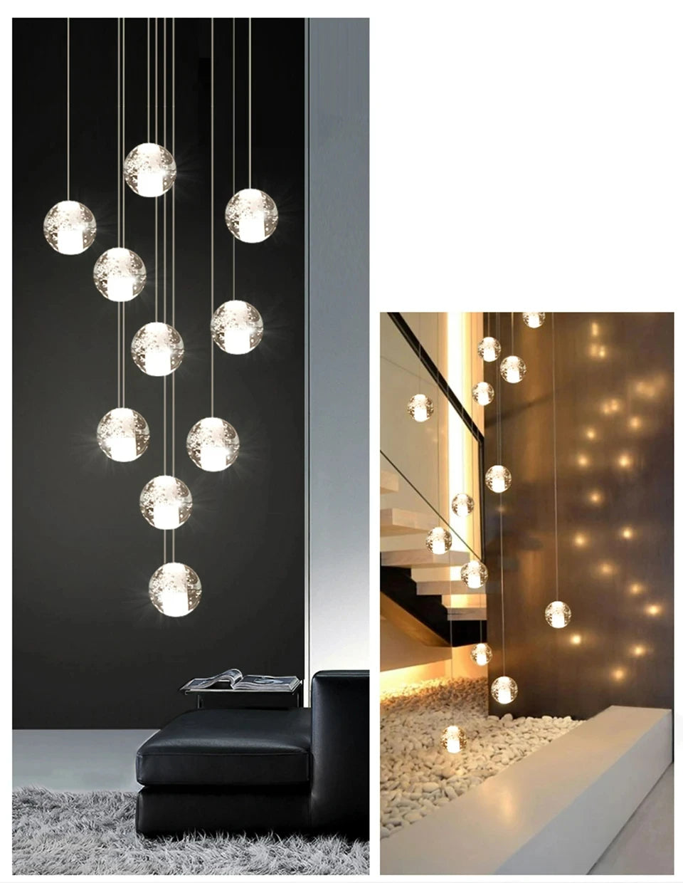 Modern spiral crystal LED chandelier cascading down a luxury staircase in a contemporary home.