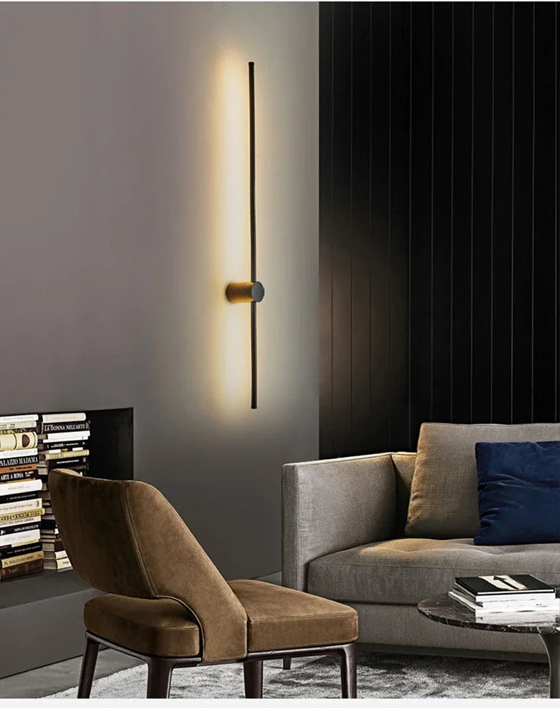 Nordic minimalist LED long wall light installed in a modern hallway with luxury interior décor.