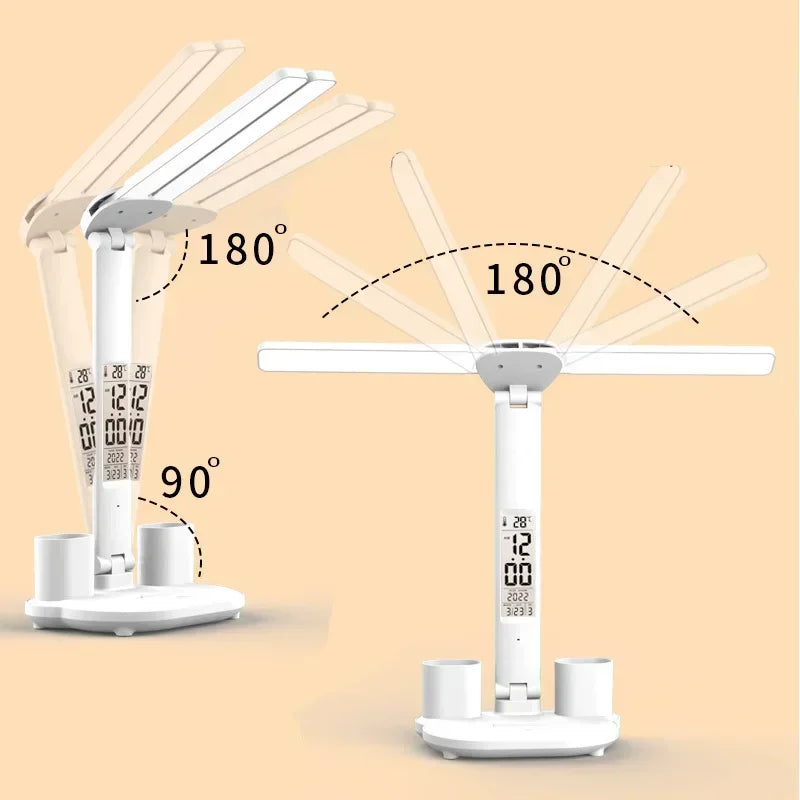 LED Desk Lamp with Clock, Calendar & Touch Dimmable Light USB