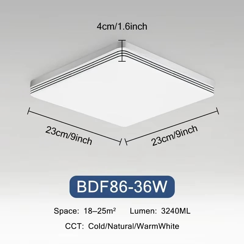 Modern square LED ceiling light installed in a contemporary living room with bright energy-efficient lighting.
