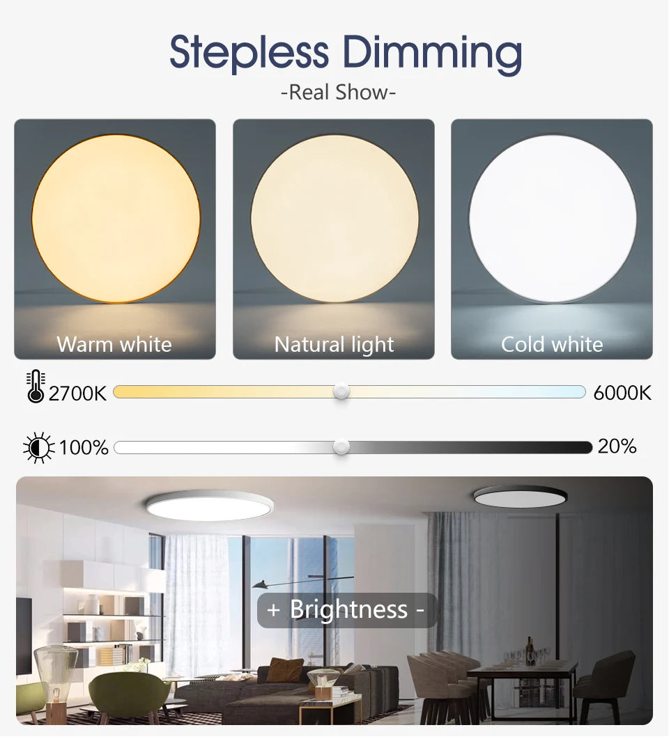 Smart dimmable LED ceiling light with remote control installed in a modern bedroom.