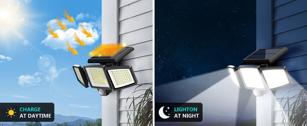 Solar Motion Sensor Security Light Outdoor Waterproof 3 Head LED