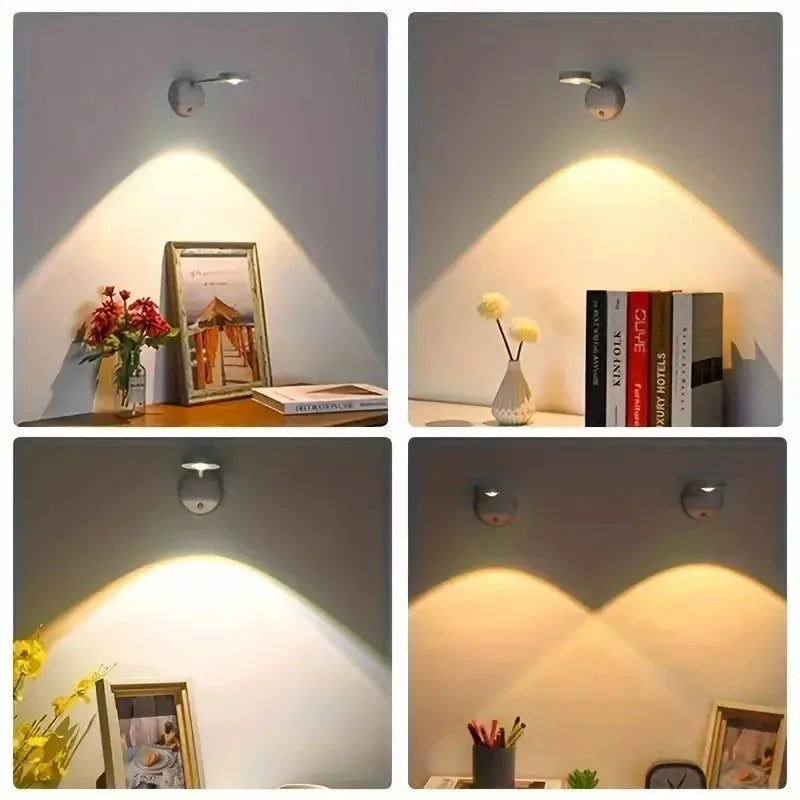 Rechargeable motion sensor LED wall light illuminating a framed artwork in a modern living room.