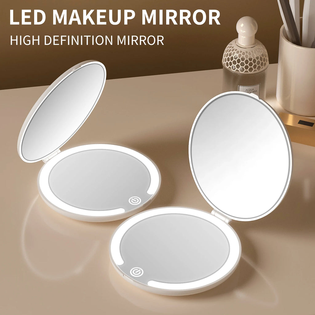 LED Lighted Travel Makeup Mirror, 3 Colors Light, 5X Magnifying, Portable Compact Vanity Mirror