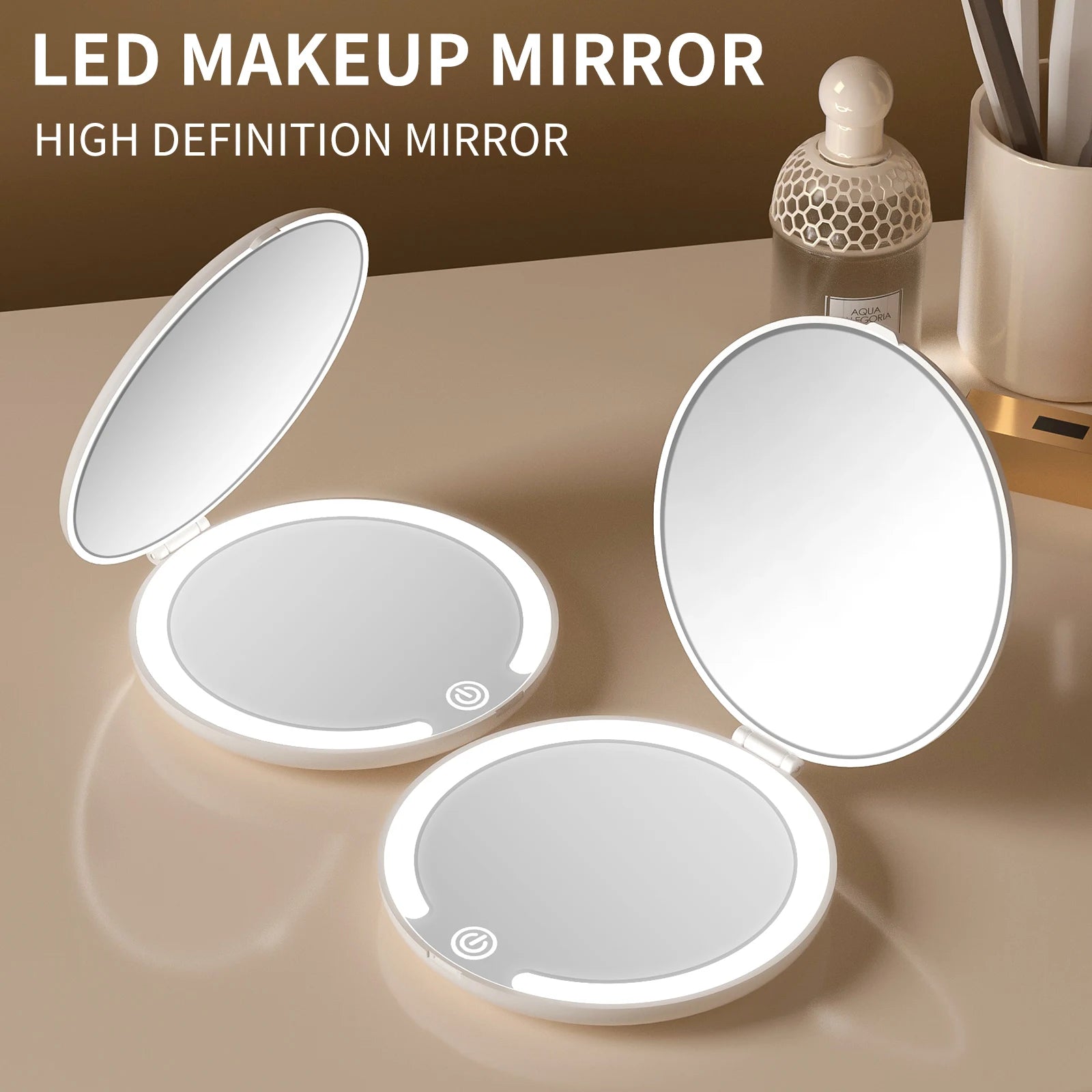 LED Lighted Travel Makeup Mirror, 3 Colors Light, 5X Magnifying, Portable Compact Vanity Mirror
