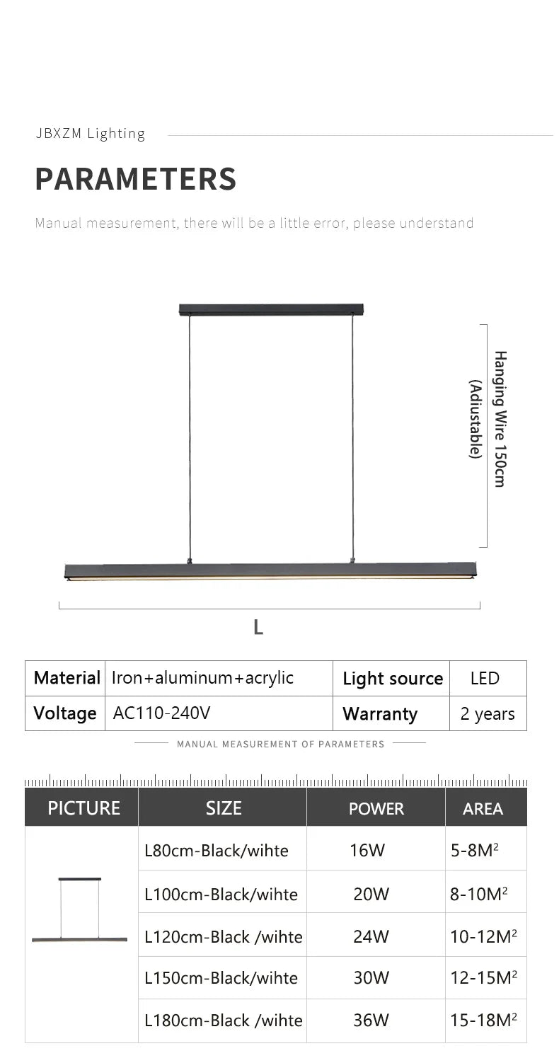 Modern linear LED pendant light suspended above a dining table in a contemporary dining room.