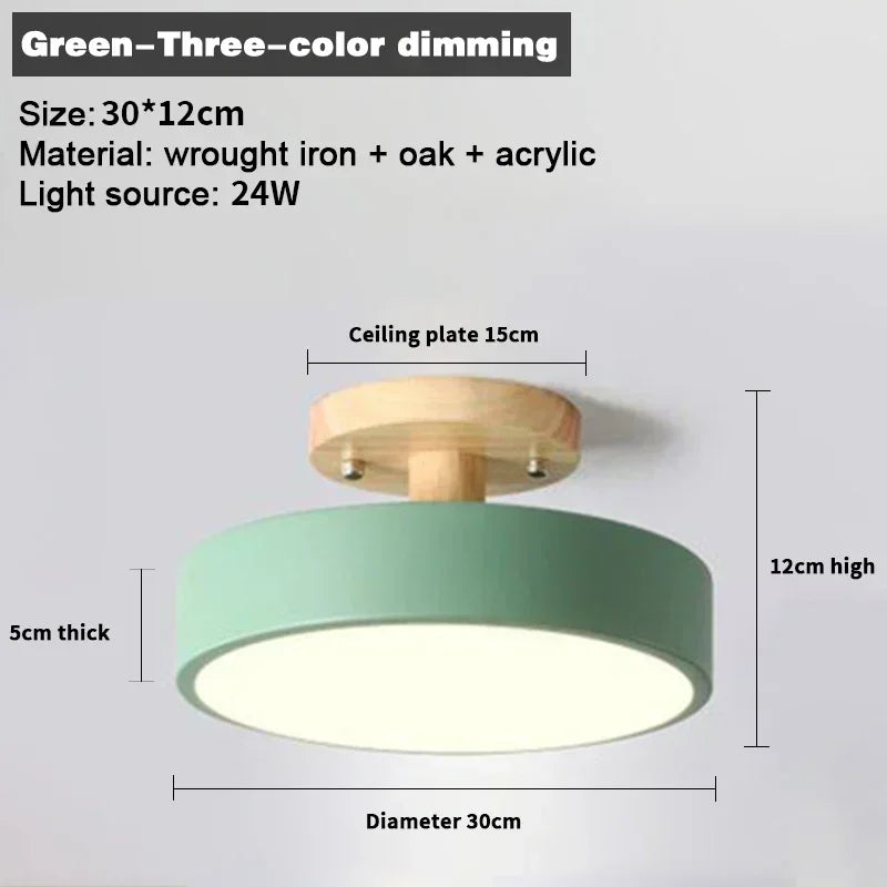 Nordic wood round LED ceiling light installed in a modern hallway with Scandinavian-inspired interior décor.