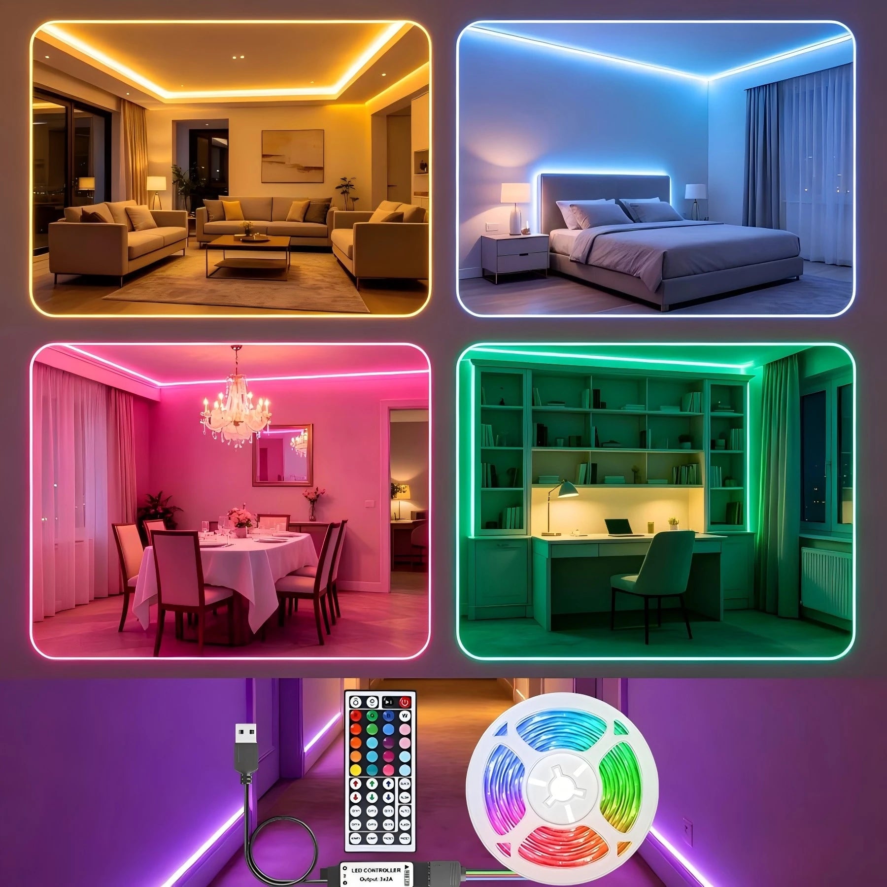 A 44-key USB-powered RGB light strip is easy to install and suitable for various indoor decorative scenarios.