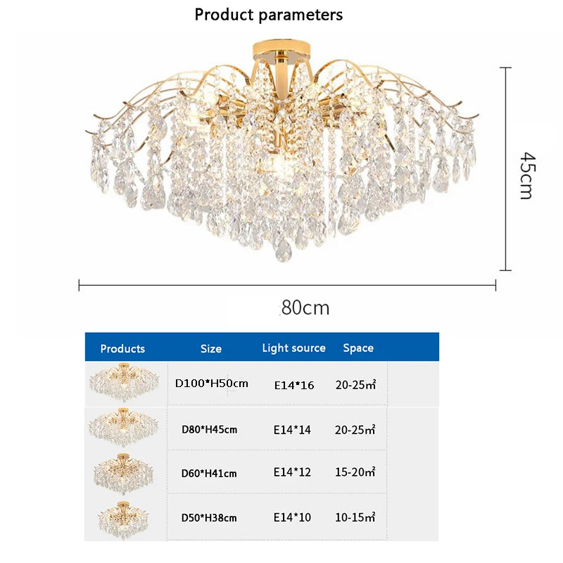 Modern luxury crystal LED chandelier installed in a stylish living room with elegant contemporary décor.