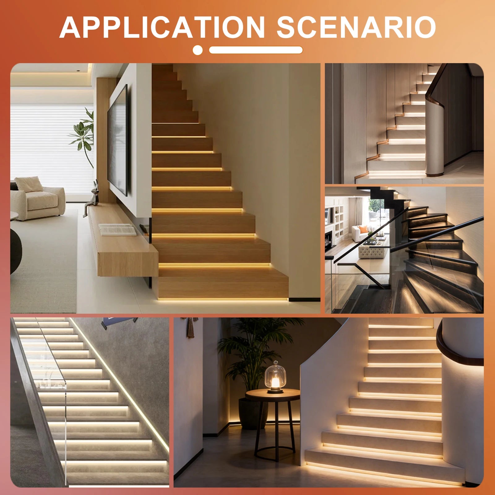 LED stair lighting kit showcasing various staircase applications with stylish, illuminated steps using modern lighting design.